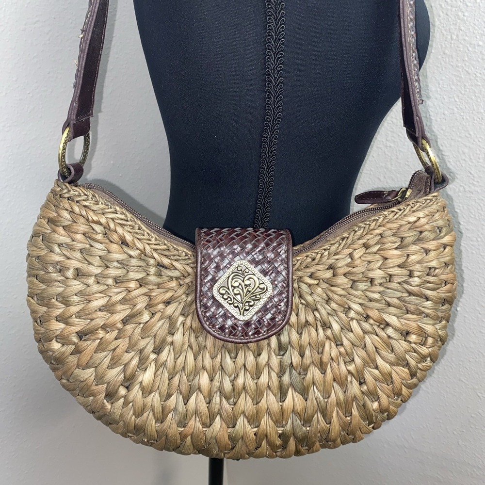 Vintage Coldwater Creek Woven Purse with Braided Leather Strap and Brass Detail